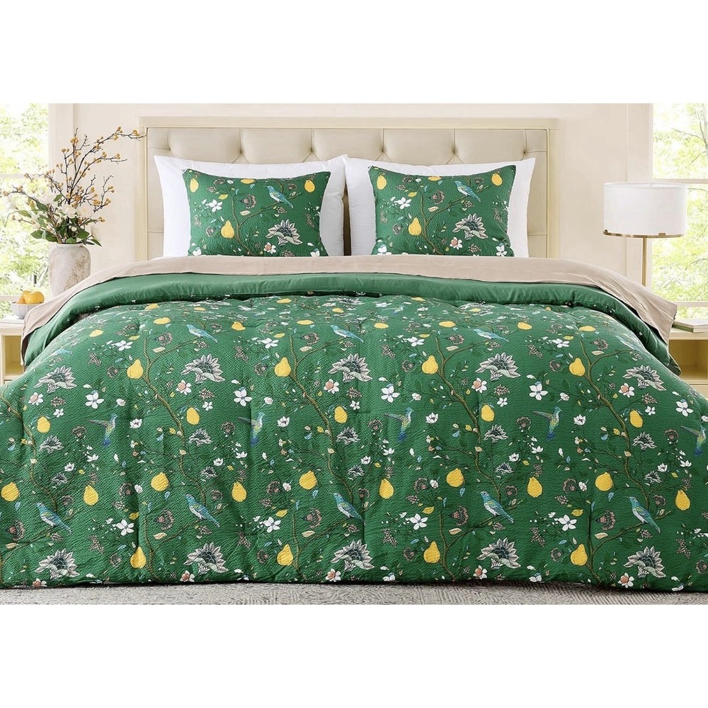 MUSSEL Queen Comforter Set 3pc Green Vintage Boho Botanical Floral Seersucker